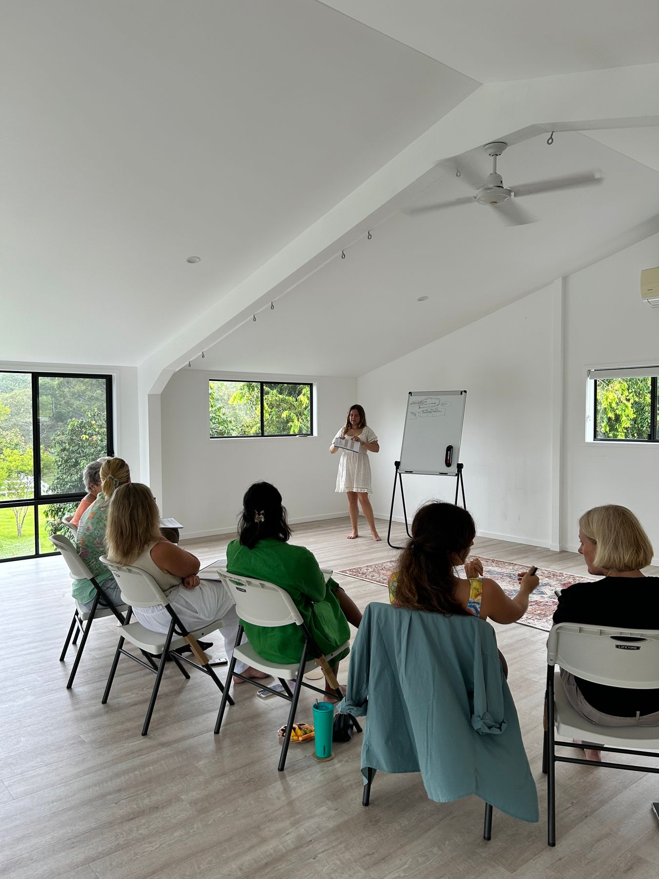 Merce teaching a Building Cycles group session at the whiteboard in a bright, light-filled room